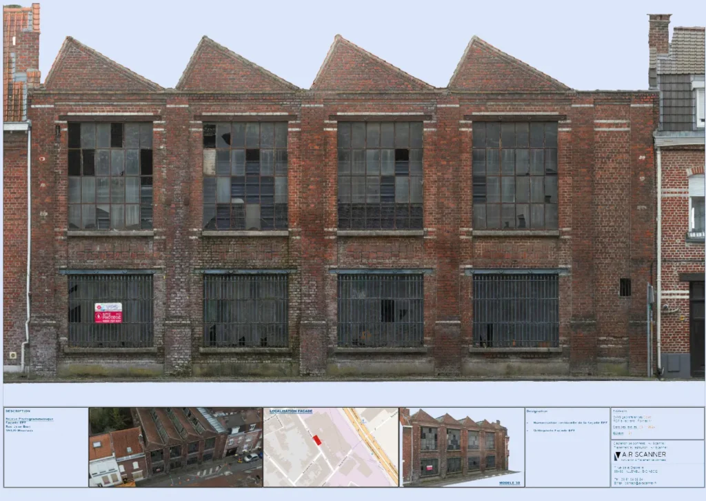 Orthophoto d'une façade industrielle par photogrammétrie