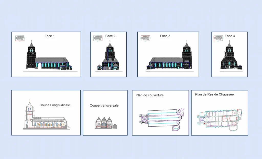 Plans vectoriels dwg d'une église : plans de façade, d'élévation