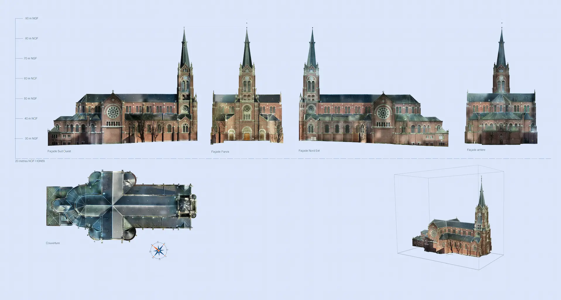 Orthophotos de vues éclatées d'une église patrimoniale relevée par drone